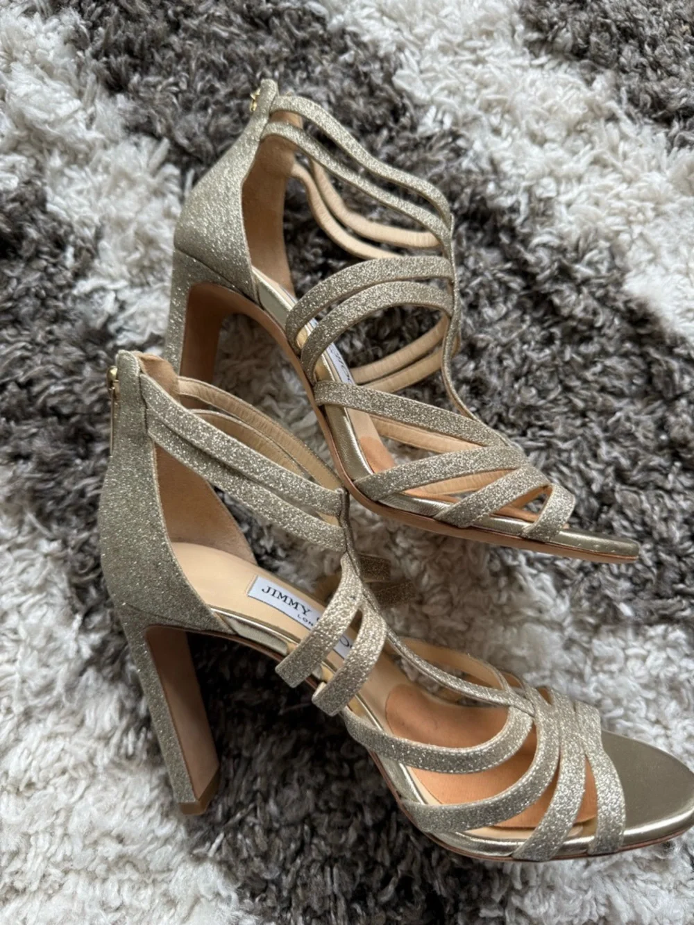 Jimmy Choo Gold Glitter Strappy Block Heel Sandals - Picture 7 of 9